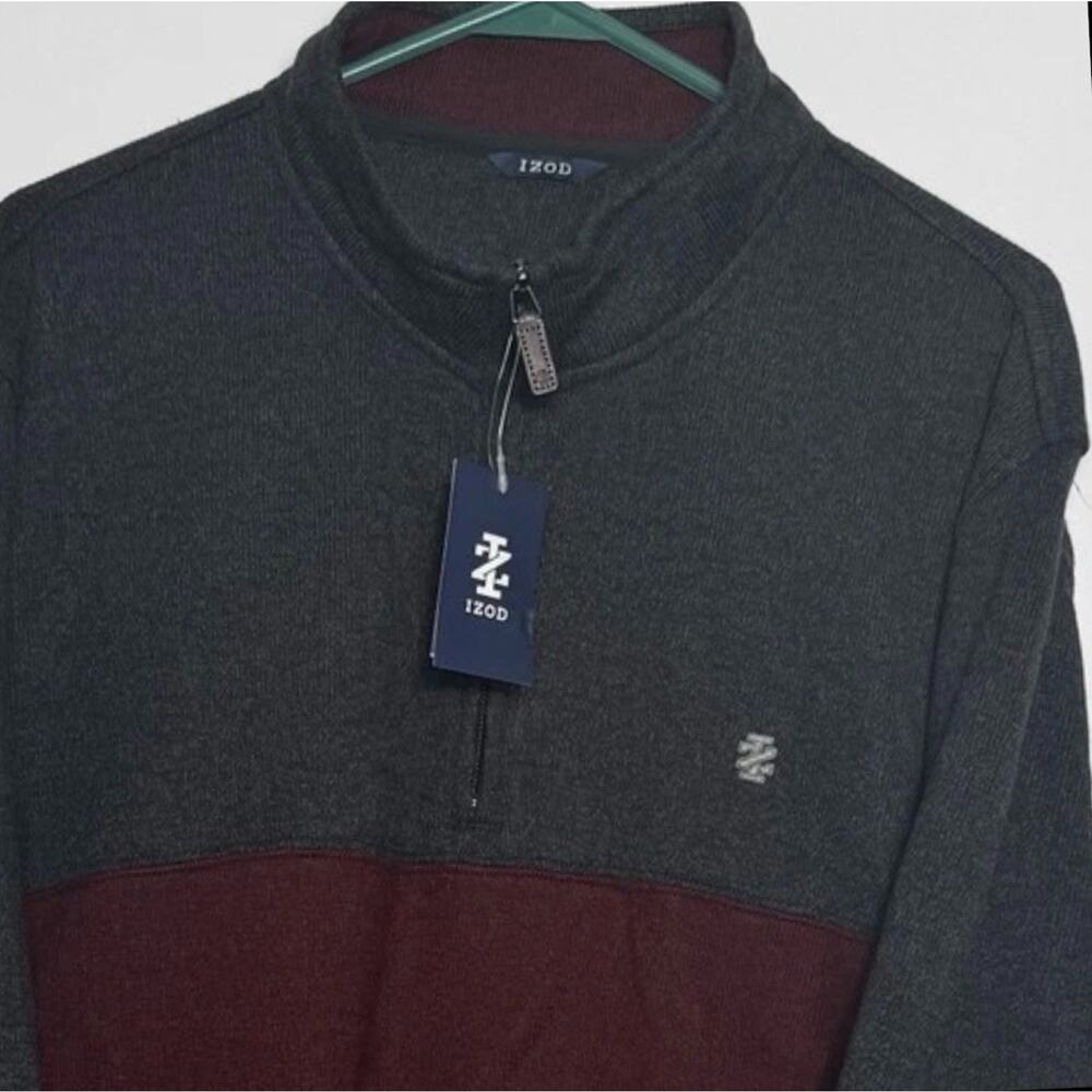 IZOD Men’s XXL Quarter Zip Pullover Sweater Gray Burgundy Colorblock Long Sleeve